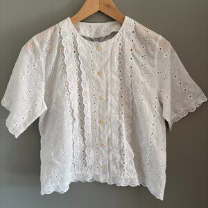 Vintage White Eyelet Lace Button Up Blouse